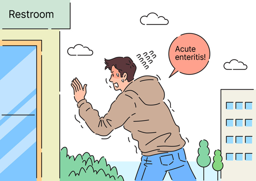 A man running into the restroom for acute gastroenteritis
